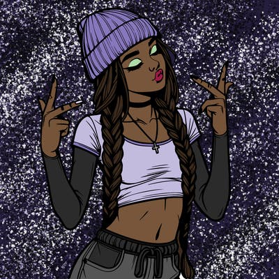 realistic teenage girl with braids and a beanie and crop top doing 🫶🏼