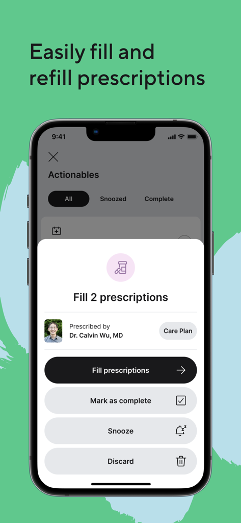 Carby Health mobile app screen showing options to fill and refill prescriptions from a doctor