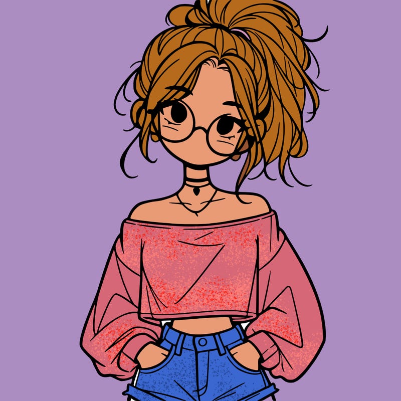 girl with a messy ponytail glasses a baggy crop top and jean shorts