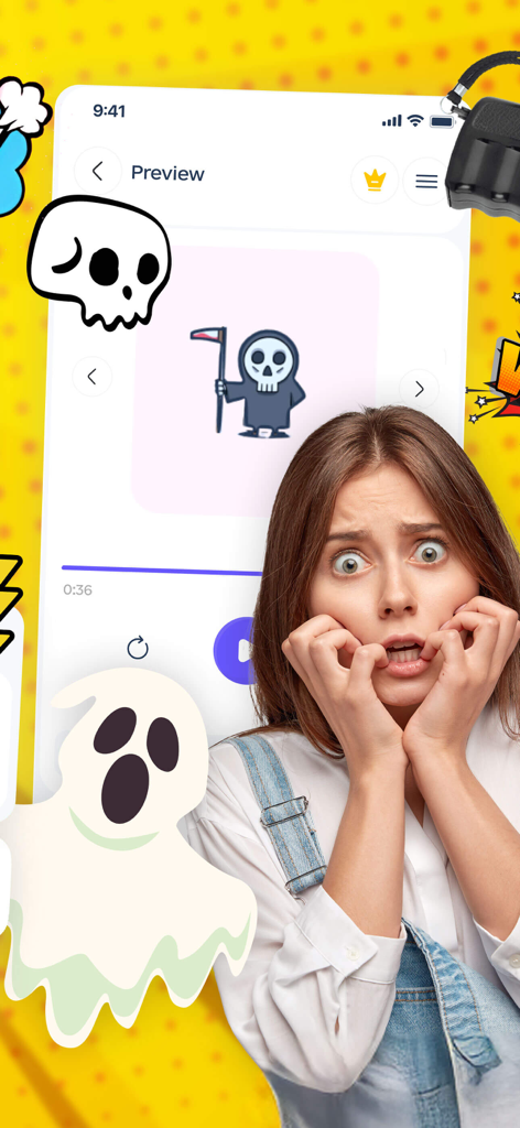 Magic Voice Changer: Prank App - A scared woman with ghost and skull stickers around a phone previewing a scary reaper sound effect