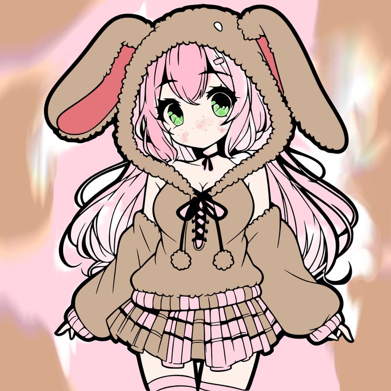 pretty anime girl wearing a fluffy hoodie with bunny ears on the hood and a skirt
