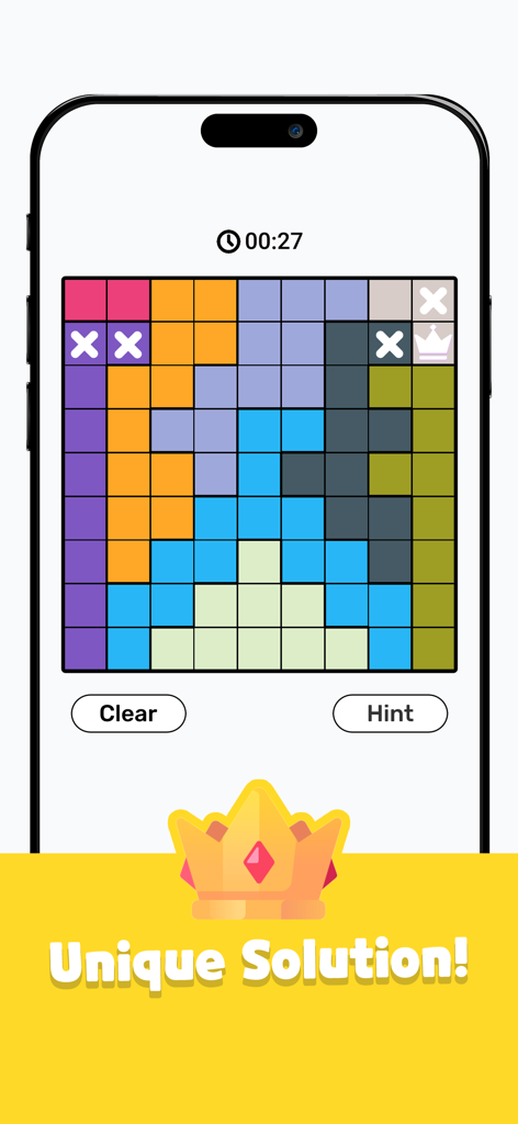 Queens Royal - A colorful logic puzzle grid from the Queens Royal app showing a unique solution with crown icons.