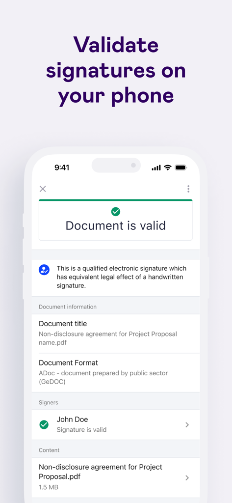 Interface of Dokobit app showing a valid qualified electronic signature on a mobile device