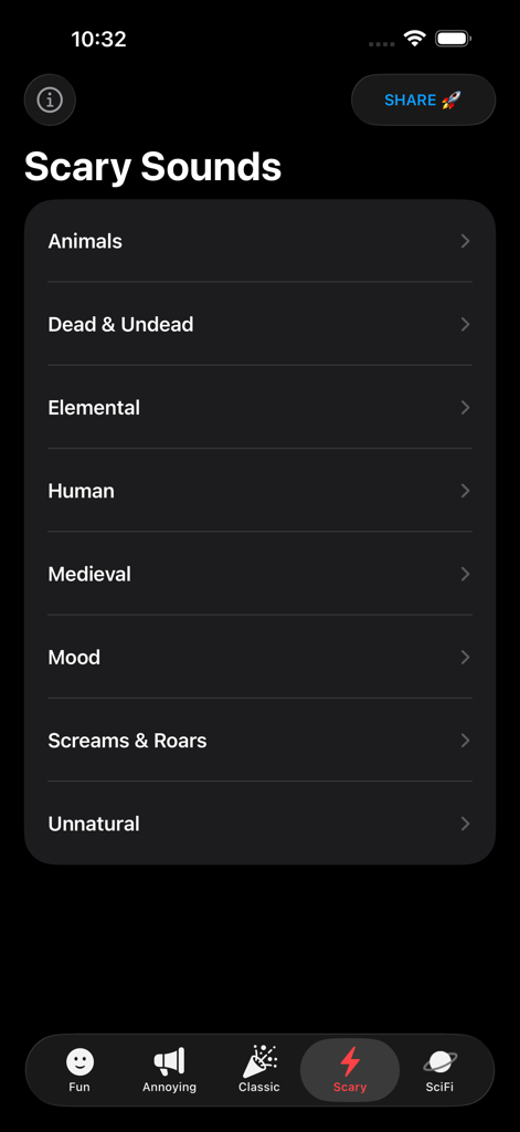 Sound Effects Boards Pro - Screenshot of the scary sounds category menu in Sound Effects Boards Pro showing options like dead and undead screams and roars