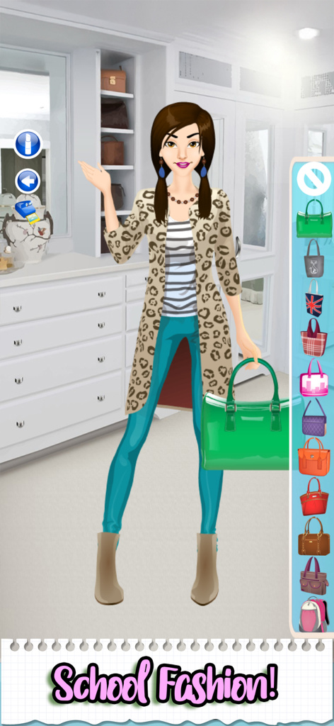 Un personaje en un armario de moda eligiendo un bolso para la escuela.