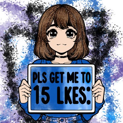 realistic girl holding up a sign that says “pls get me to 15 likes!”