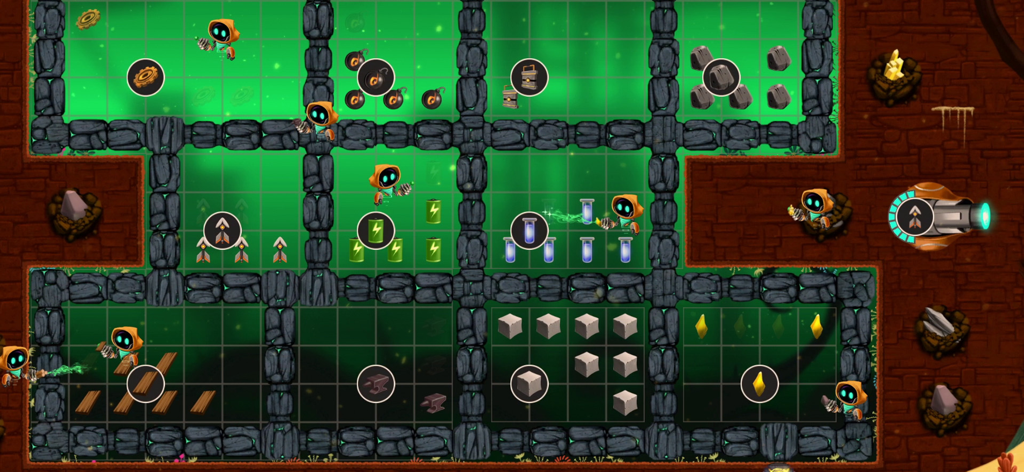 Illuminaria - Vista de arriba hacia abajo de pequeños robots administrando varios recursos en un diseño de base basado en cuadrícula en el juego Illuminaria