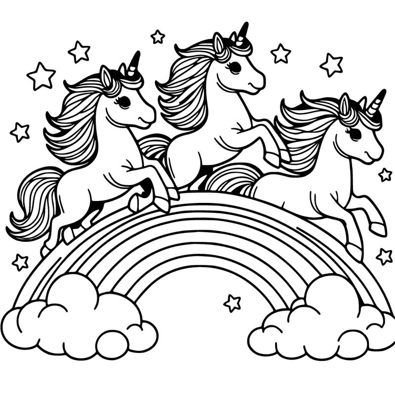 create 3 unicorns running over a rainbow