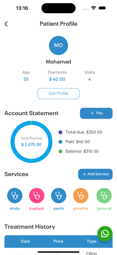 Ansicht des Patientenprofils und der Kontoauszüge in der iClinics Software-Anwendung