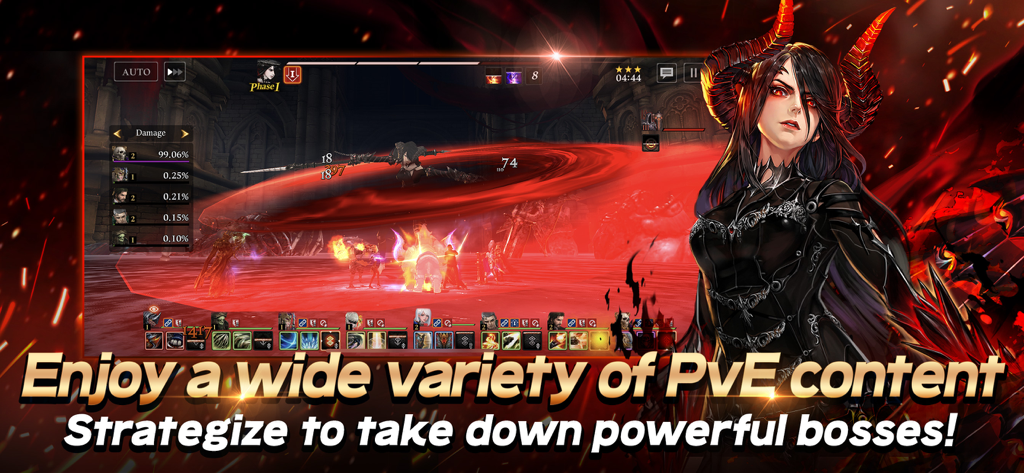 Heir of Light gameplay screenshot showing a dark fantasy boss battle with a horned character and a red area of effect ability