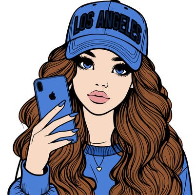 realistic beautiful girl wearing los ángeles cap holding an iphone