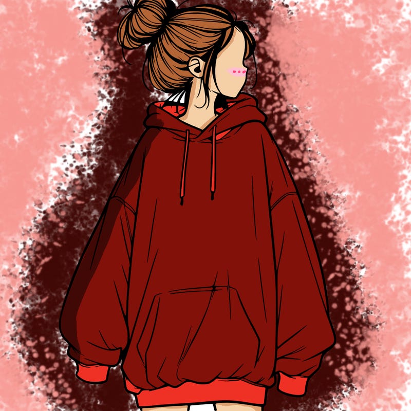 realistic girl with a oversized sweatshirt on and a bun
