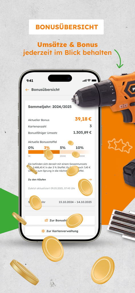 Globus Baumarkt - Un smartphone que muestra la pantalla de resumen de bonificaciones de la aplicación Globus Baumarkt con recompensas de fidelidad y progreso de gasto.