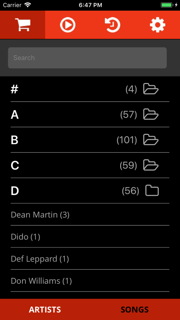 JamTracks - Screenshot of the JamTracks app showing the alphabetical artist directory with search bar and navigation icons.