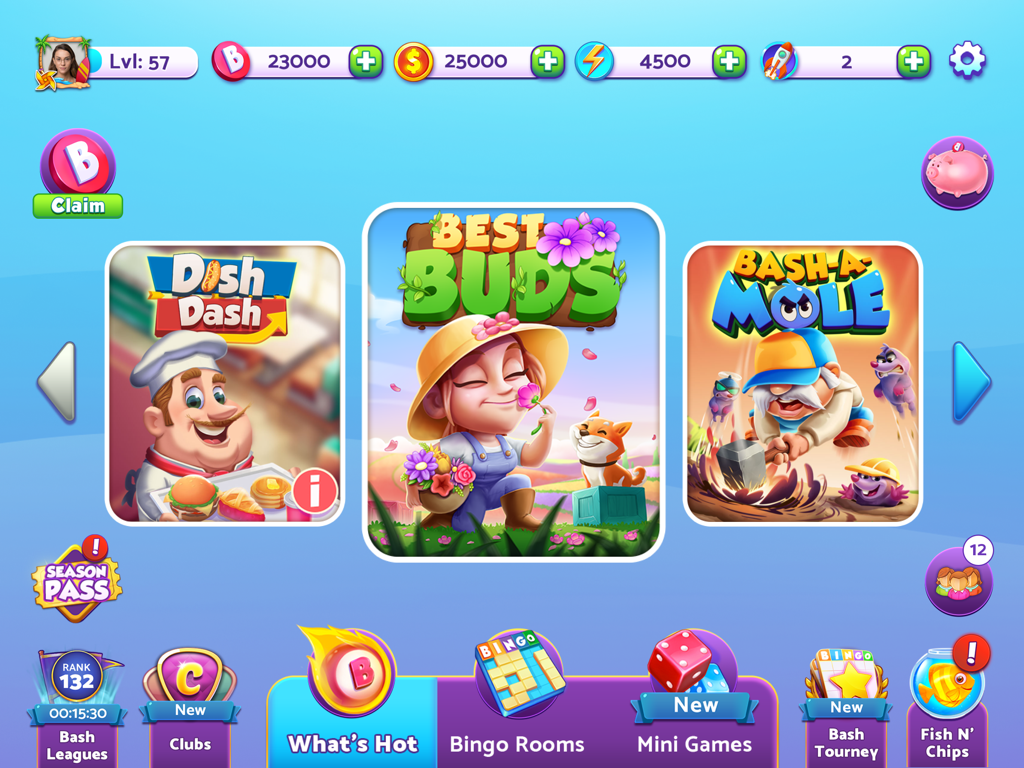 Bingo Bash HD Live Bingo Games - Main menu of Bingo Bash HD showing themed rooms like Dish Dash and Best Buds