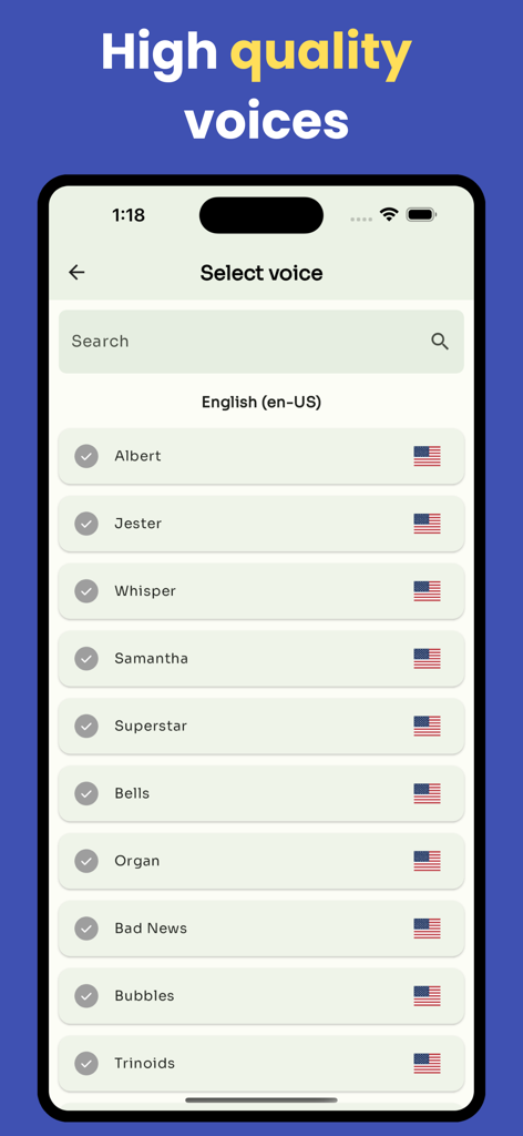 Text to Speech - TTS - Una pantalla móvil que muestra una selección de voces en inglés de alta calidad en la aplicación Texto a Voz.