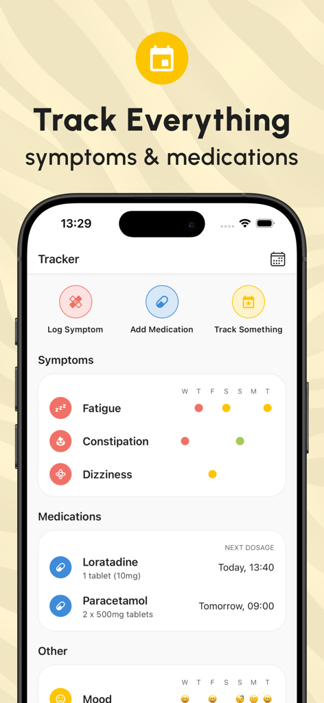 The Ehlers-Danlos Society - Interfaccia dell'app mobile per il monitoraggio di sintomi e farmaci per la Sindrome di Ehlers-Danlos.