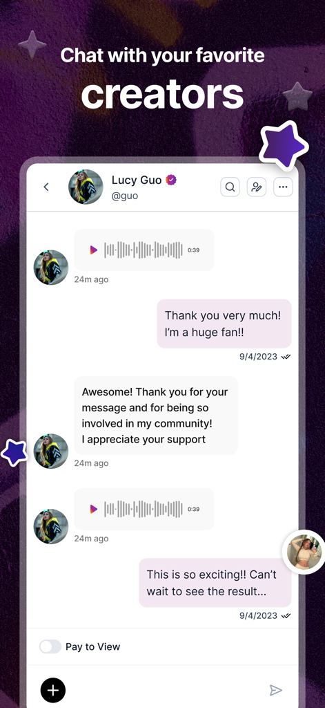 Passes - A mobile interface of the Passes app showing a direct chat between a fan and a creator with text and audio messages.