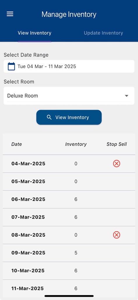 eGlobe PMS - Manage inventory screen in eGlobe PMS showing daily room availability and stop sell status for a deluxe room.