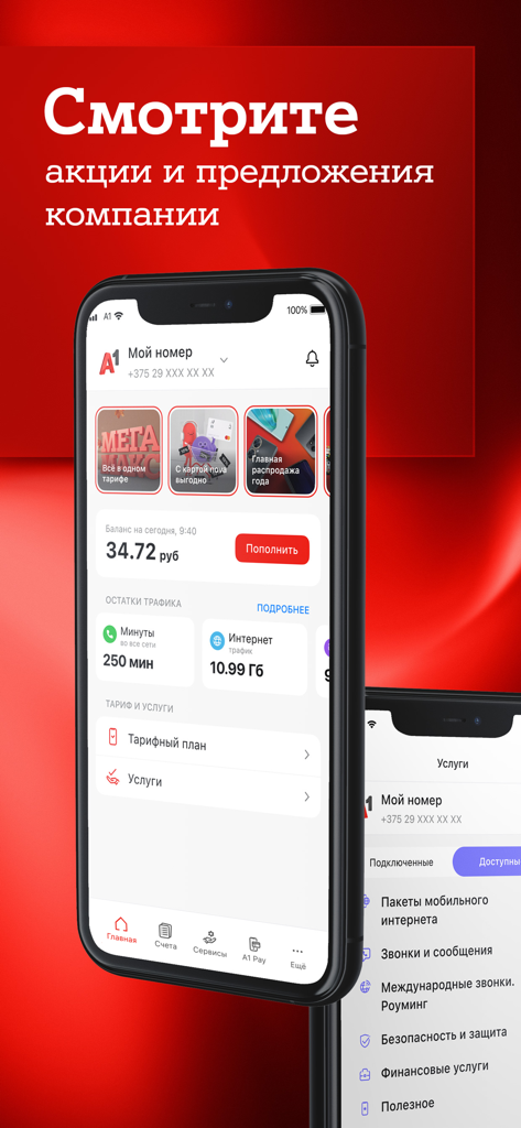 The My A1 mobile app dashboard on a smartphone displaying account balance and remaining data traffic