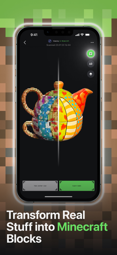 MagiScan app interface showing a real teapot transformed into Minecraft voxels