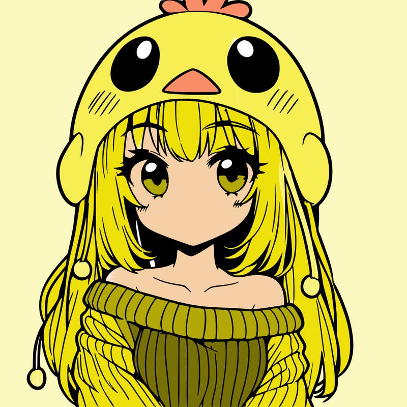 anime girl with chick shaped hat with sweater with bare shoulders with bangs covering them one eye with low tail