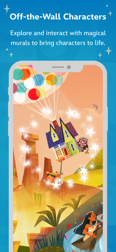 Disney Team of Heroes - Disney Team of Heroes app interface showing the interactive murals feature with characters from Up and Pocahontas