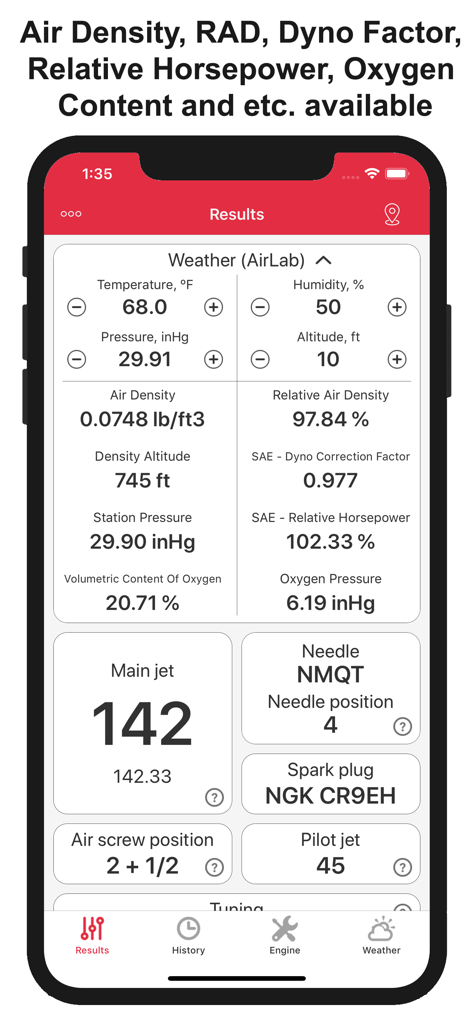 Results screen showing carburetor jetting recommendations and weather metrics for Honda CRF motocross bikes