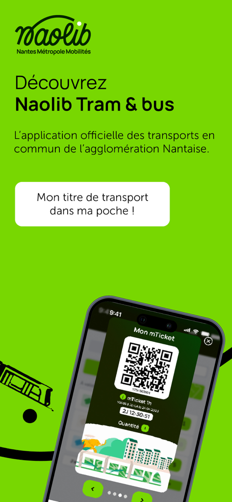 Naolib tram & bus - Interface do aplicativo móvel Naolib mostrando um bilhete de transporte digital com um código QR em um smartphone.