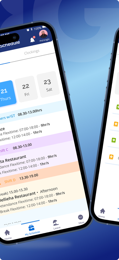 Indigo Mobile - Indigo Mobile app interface showing an employee work schedule with daily shift times and location details