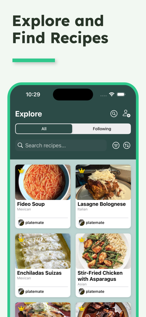 PlateMate AI - PlateMate AI app Explore screen displaying a grid of recipe cards for diverse dishes like Fideo Soup and Lasagne Bolognese.