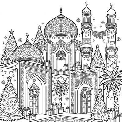 Discover a unique blend of cultures with this enchanting Sultan's Palace Christmas coloring page. Intricate Islamic architecture is beautifully transformed with festive holiday decorations, offering a delightful and detailed artistic escape.
