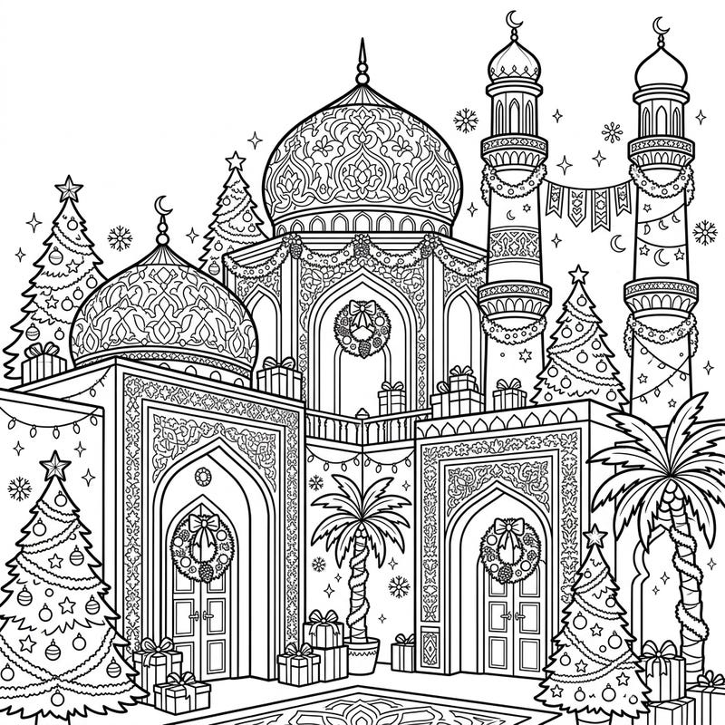 Discover a unique blend of cultures with this enchanting Sultan's Palace Christmas coloring page. Intricate Islamic architecture is beautifully transformed with festive holiday decorations, offering a delightful and detailed artistic escape.