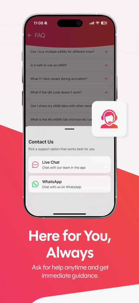 Gjirafa eSIM customer support screen showing FAQ section and contact options for live chat and WhatsApp