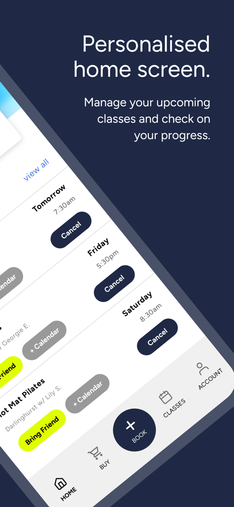 CorePlus 2.0 - CorePlus 2.0 app personalized home screen displaying upcoming Pilates and yoga class schedules