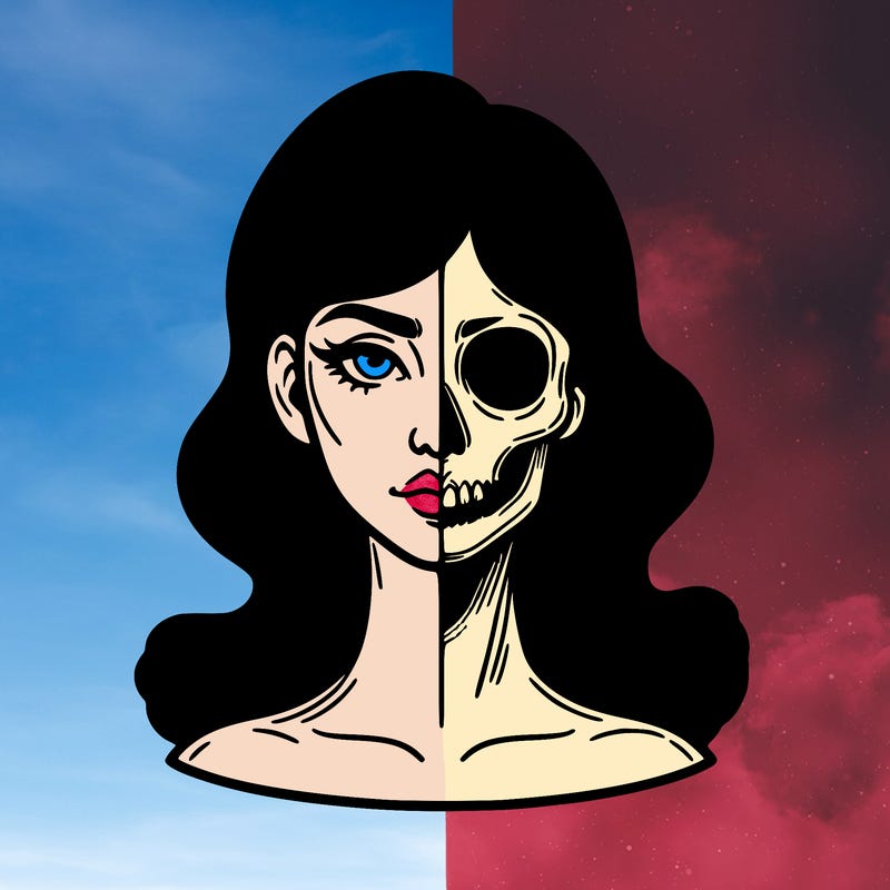 bust of a woman, half face and hair, half skull