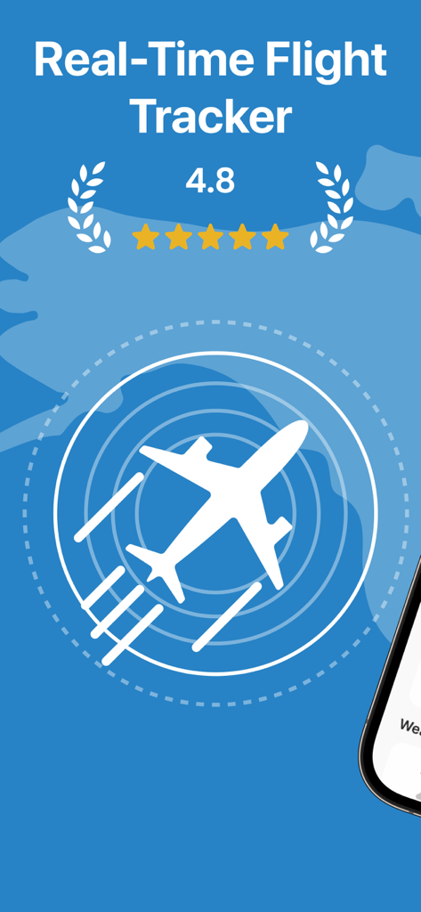 Tela do aplicativo Real-Time Flight Tracker mostrando classificação de 4,8 estrelas e ícone de radar de avião