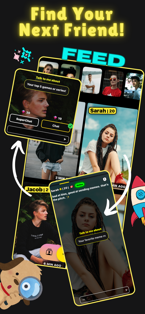 A preview of the HMU app feed showing user profiles and chat prompts to find new friends.