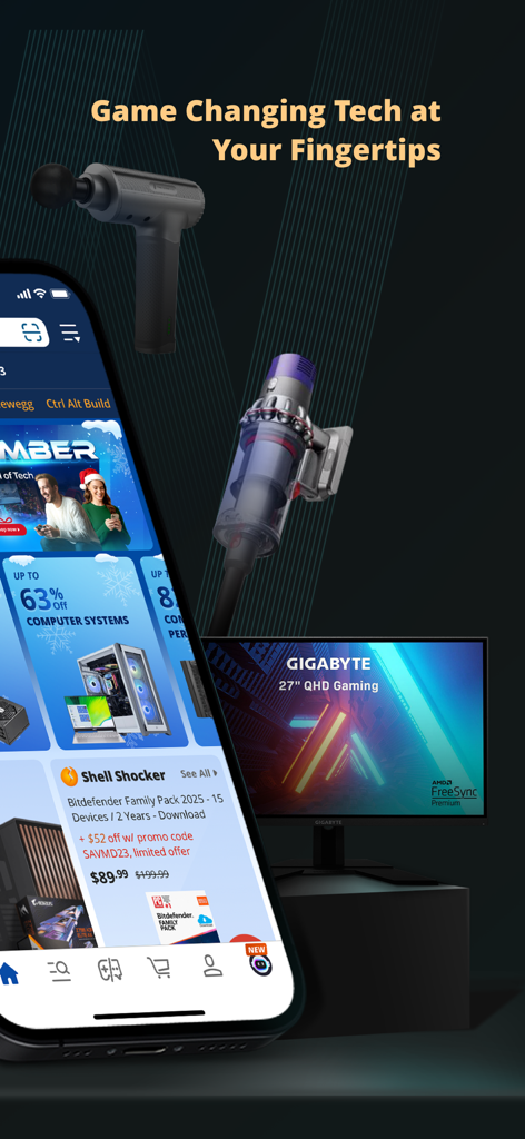 Smartphone displaying the Newegg app with tech products like a gaming monitor and electronics