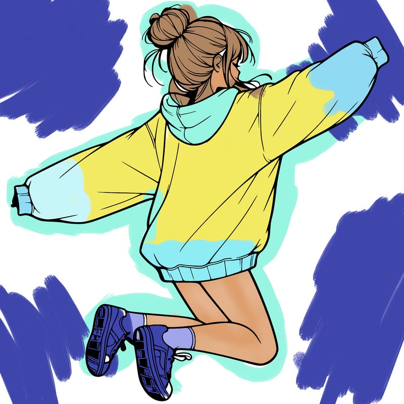 realistic girl jumping with a bun and oversized sweatshirt
