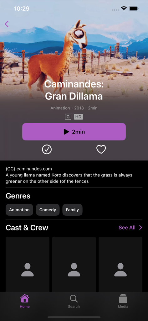 Swiftfin - Swiftfin Film-Detailseite mit der Animation Caminandes Gran Dillama und Play- und Favoriten-Buttons