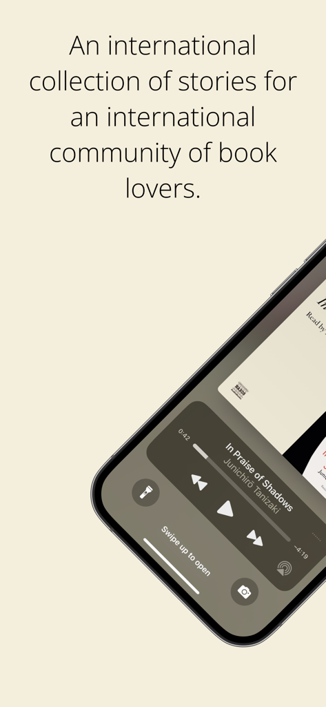 Spiracle Player - Spiracle Player lock screen interface showing playback of a literary audiobook titled In Praise of Shadows