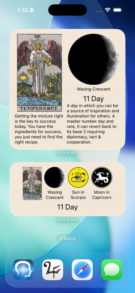 iPhone-Startbildschirm mit täglichen Tarot- und Numerologie-Widgets mit Mondphasen und astrologischen Prognosen