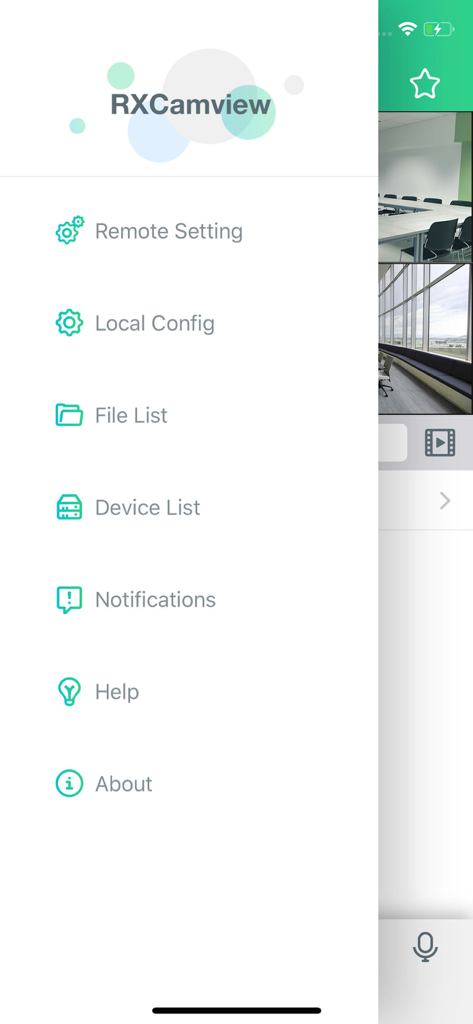 RXCamView app sidebar menu showing settings device list and notification options