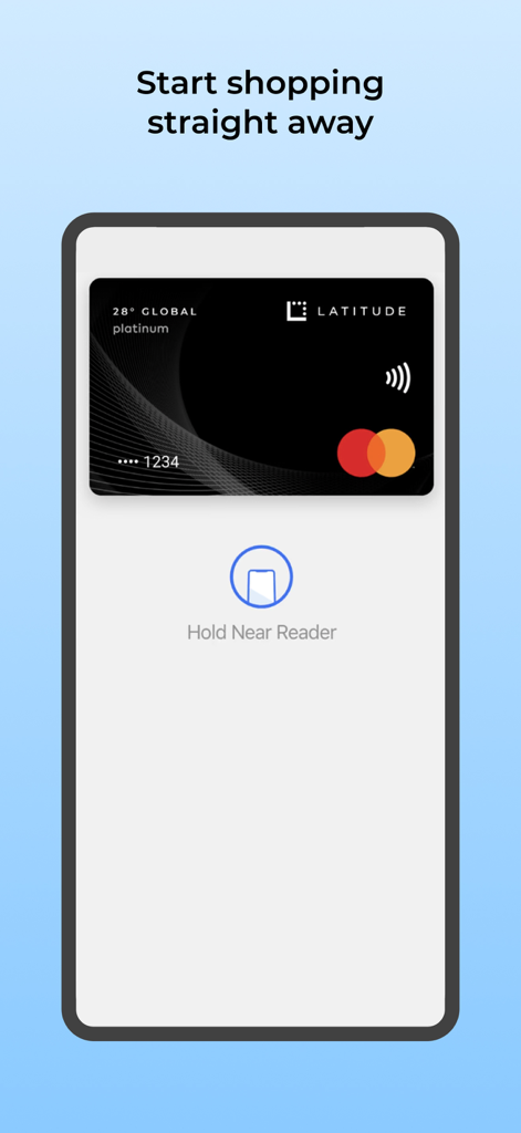 Latitude App screen displaying a 28 Degrees Global Platinum Mastercard for mobile payments.