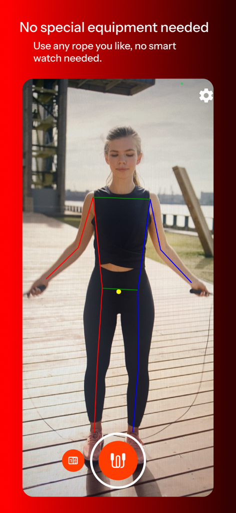 GymCam - Camera Rep Counting - GymCam app interface showing AI-powered jump rope tracking with a skeleton overlay on a woman exercising.