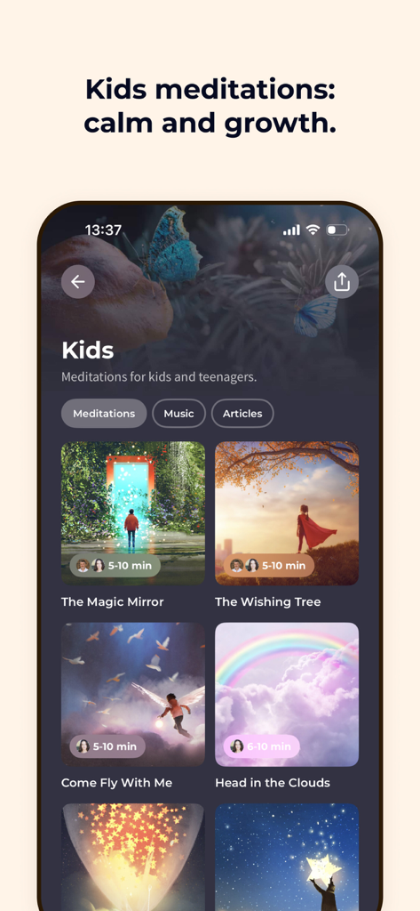Meditation Moments - Guided - 瞑想の時間アプリのインターフェース。子供やティーンエイジャー向けのガイド付き瞑想を、カラフルなイラストタイルで表示