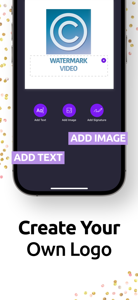 Watermark - Interface of the Watermark app showing tools to create a custom logo with options for adding text, images, and signatures.