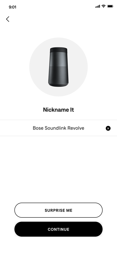Bose Connect app screen for nicknaming a SoundLink Revolve Bluetooth speaker