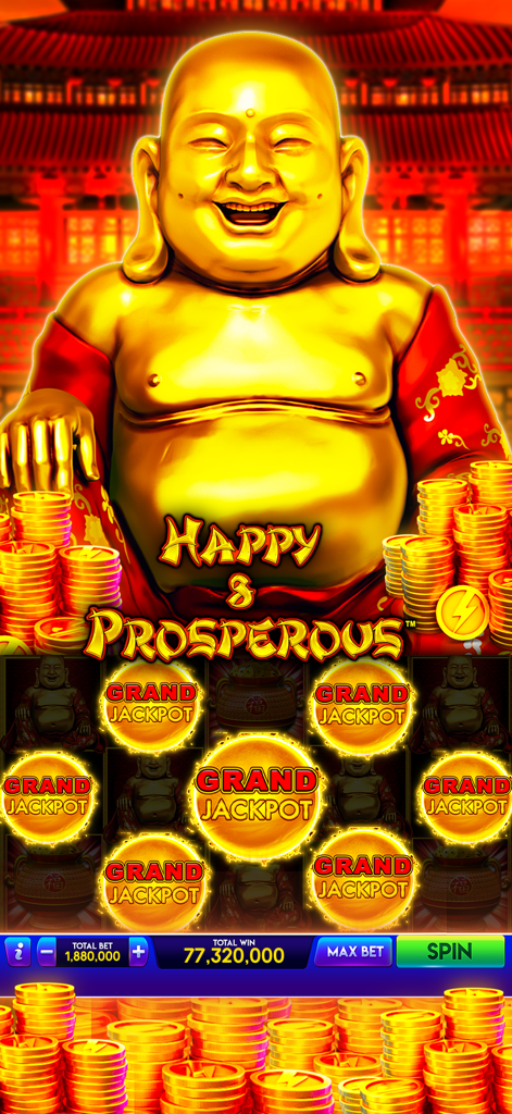 Machine à sous Happy and Prosperous de Lightning Link Casino avec un Bouddha doré et plusieurs symboles Grand Jackpot.